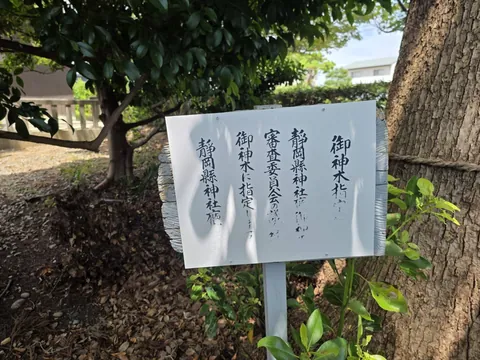 境内の祭神掲示。御祭神と宗像霊尊などを記す。