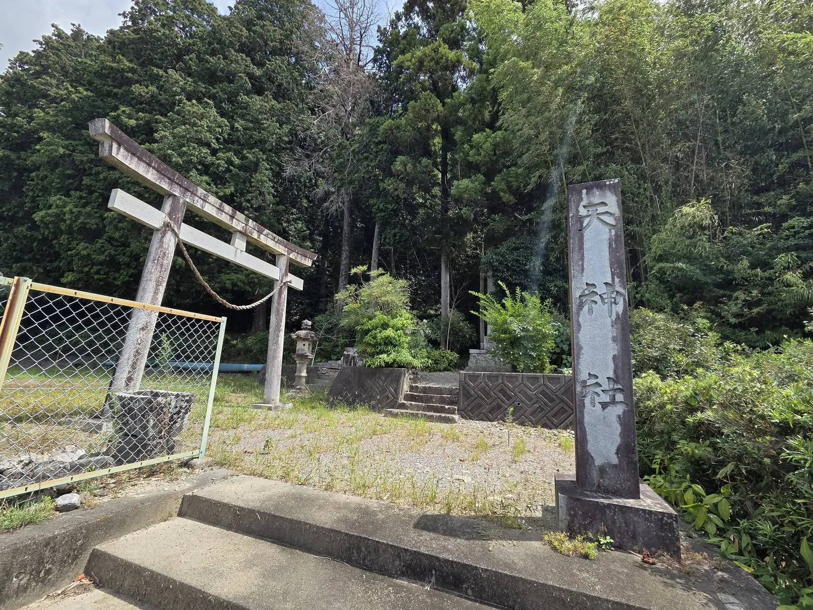社号標と石造鳥居の先に社殿を望む。
