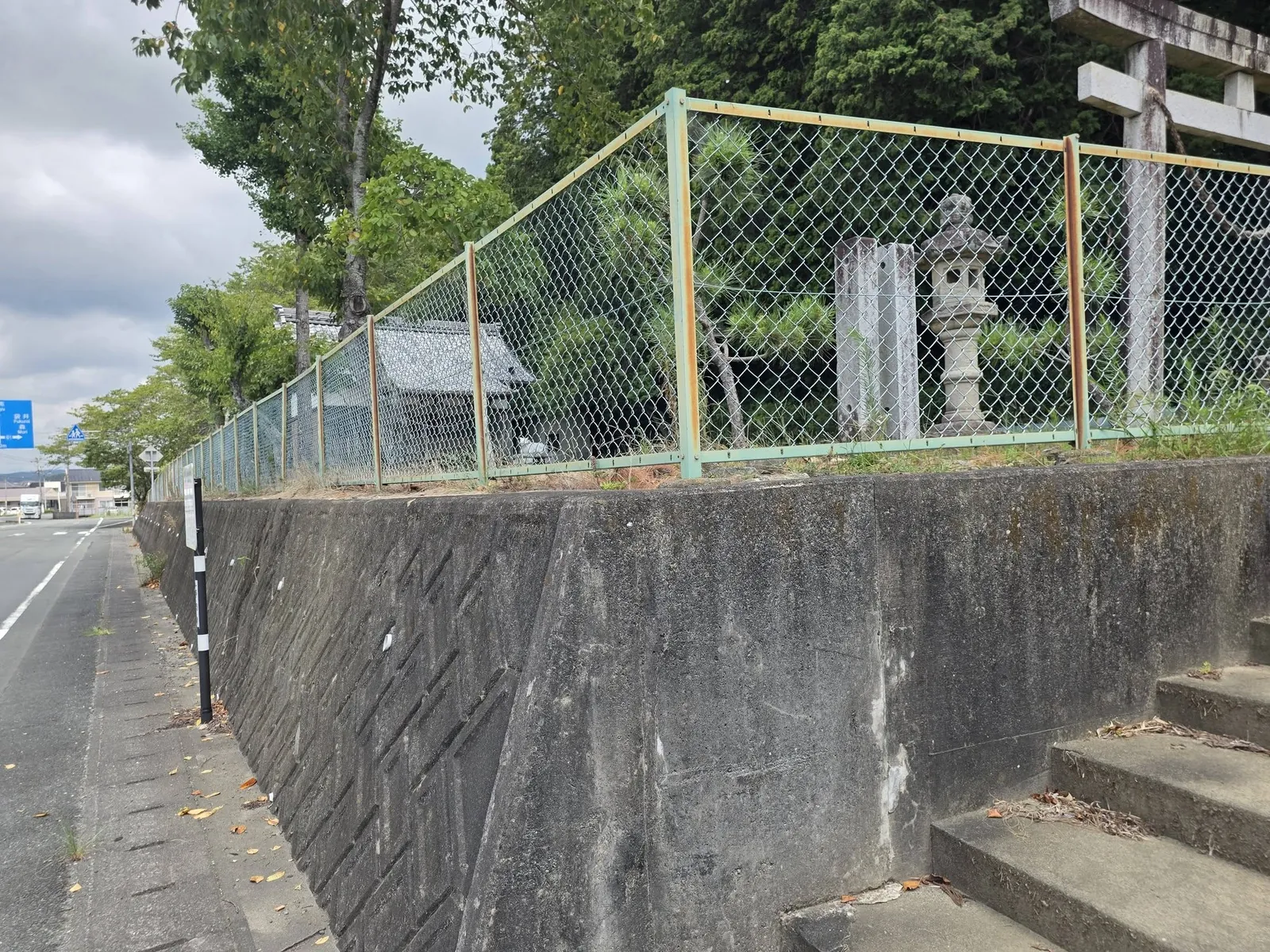 道路側から鳥居と社叢を望む。