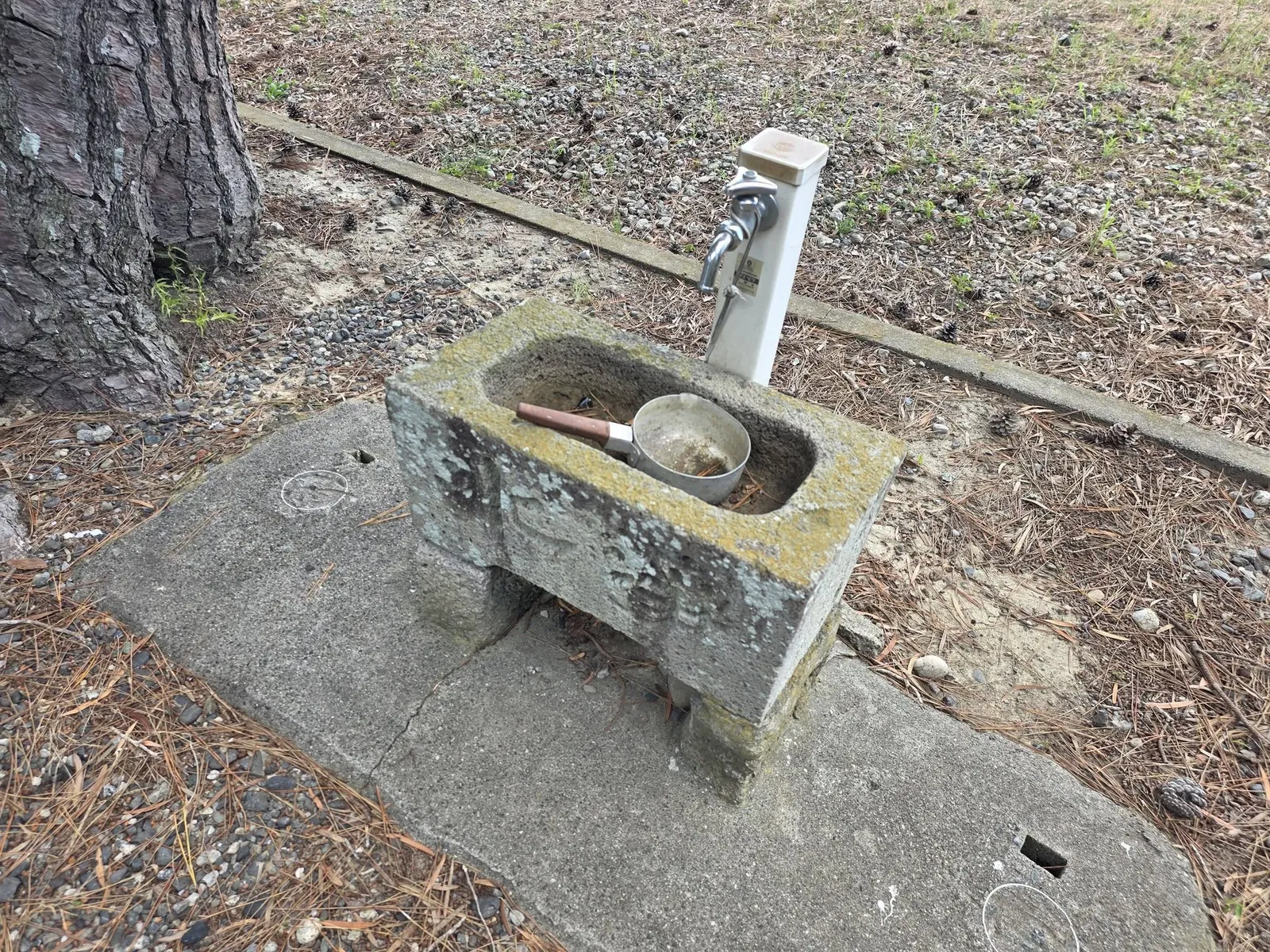 境内の石造手水鉢と手水用の水栓。