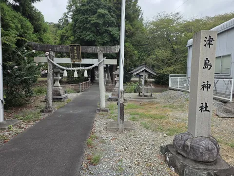 津島神社：境内入口の石造鳥居と社号標。参道の先に社殿が見える。