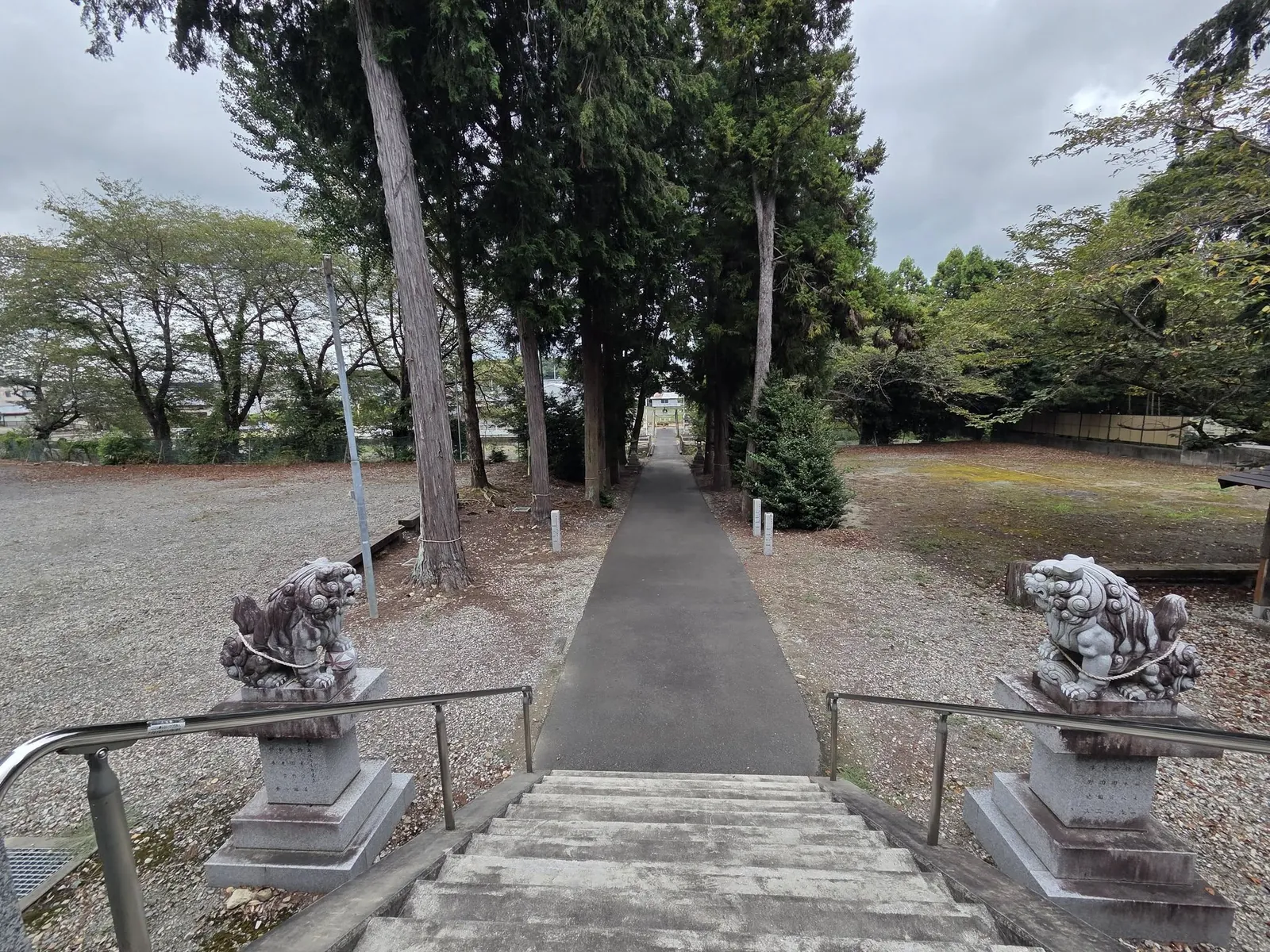 社殿前から参道を見下ろす。石段の両側に狛犬が座す。