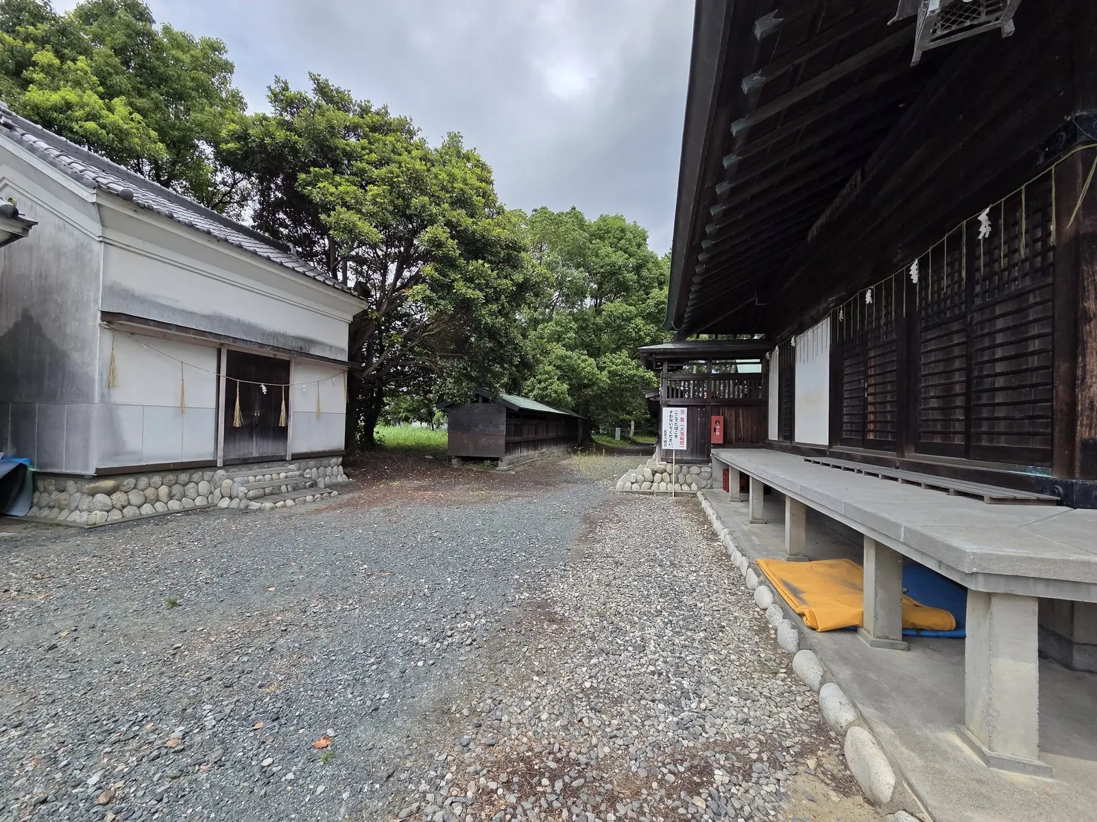 社殿側面と境内の建物。