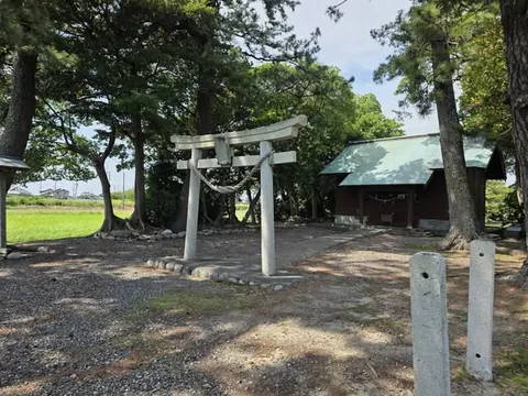 石造鳥居越しに社殿を望む。