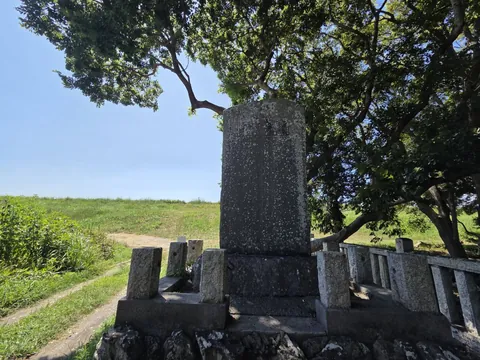 境内の石碑と天竜川堤防側の景観。