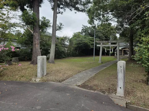 境外から見る境内入口。鳥居の先に長い参道と社殿が見える。