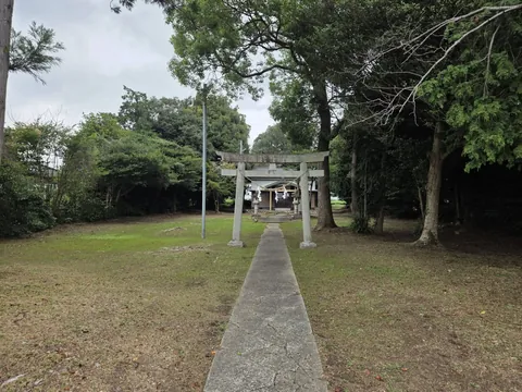 八坂神社：鳥居から社殿へ続く参道。広い草地と社叢に囲まれる。