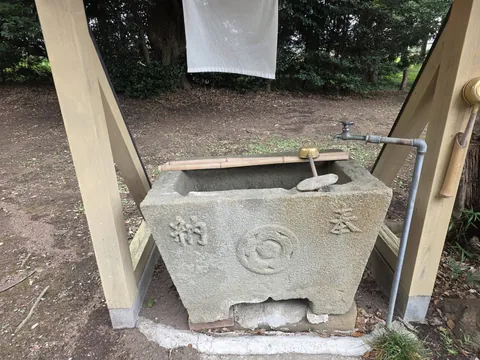 手水鉢の近景。正面に神紋と「奉納」の文字を刻む。